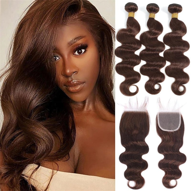 Light Brown Body Wave Brazilian Virgin Hair 3 Bundles with 4x4 Lace Closure with Baby Hair - Perismoda Hair
